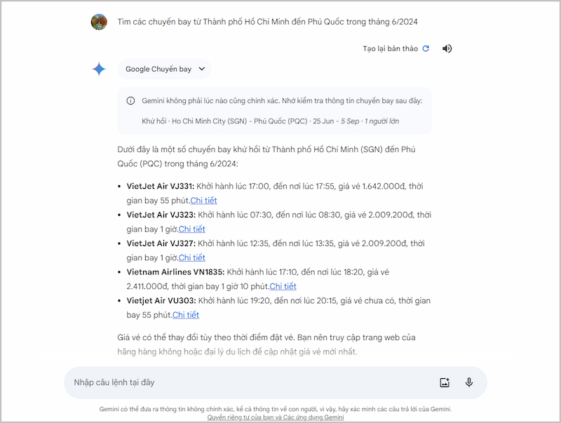Google Gemini tìm chuyến bay nhanh chóng