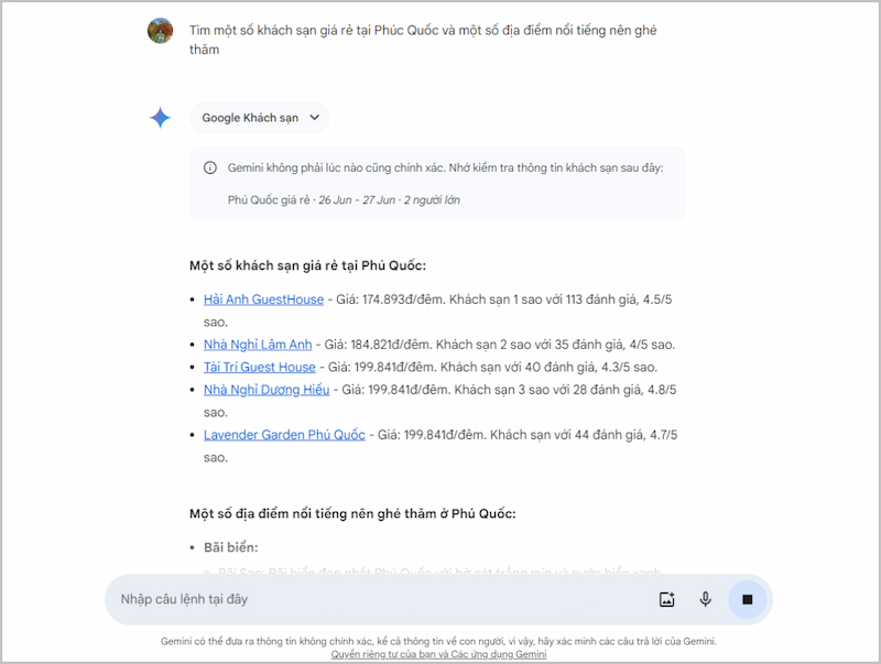 Google Gemini tìm khách sạn dễ dàng