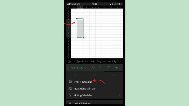 Gộp ô Excel trên điện thoại