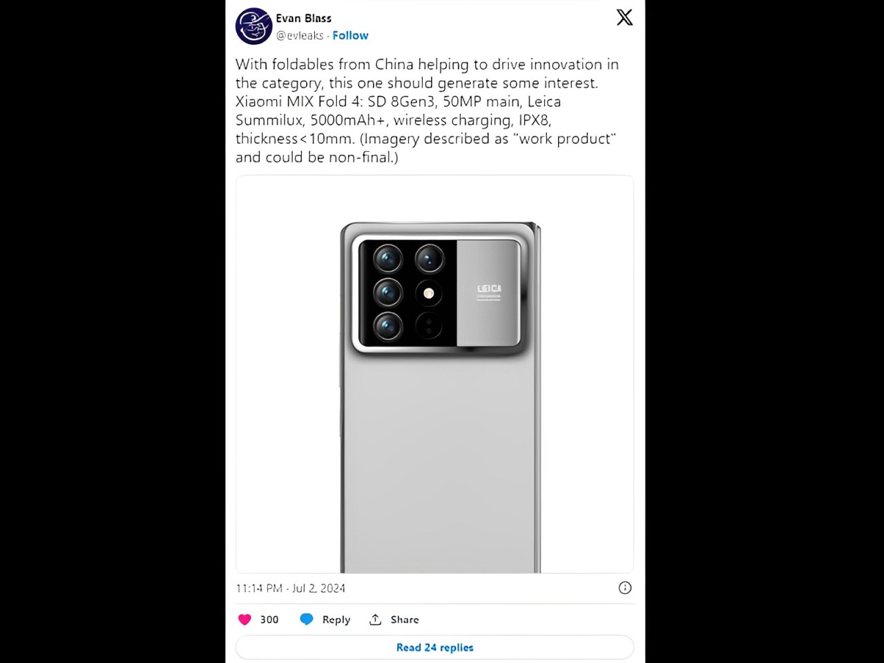 Hình ảnh rò rỉ của Xiaomi Mix Fold 4 được đăng tải trên trang X