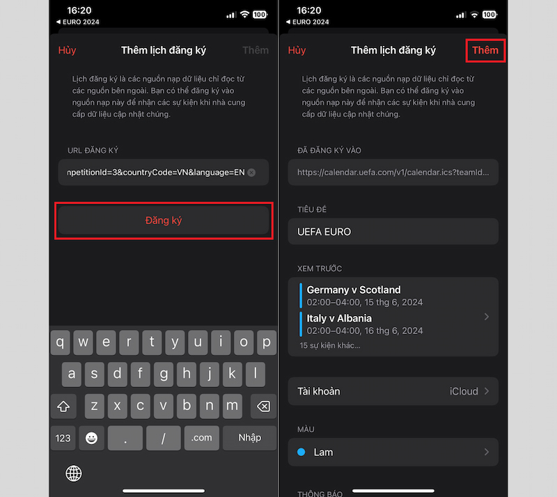 Hoàn tất đăng ký thêm lịch thi đấu Euro 2024 vào ứng dụng lịch