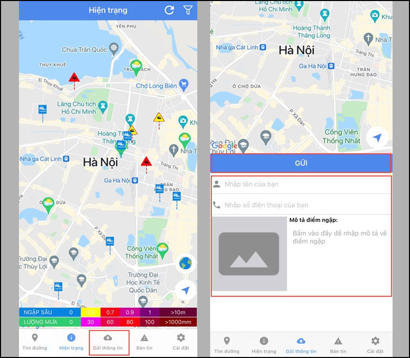 HSDC Maps cho phép gửi thông tin về tình trạng ngập lụt tại Hà Nội