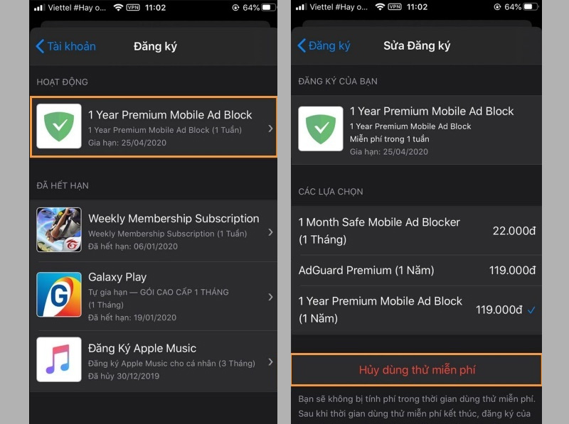 Hủy dùng thử miễn phí hoặc Hủy đăng ký ứng dụng trên iPhone