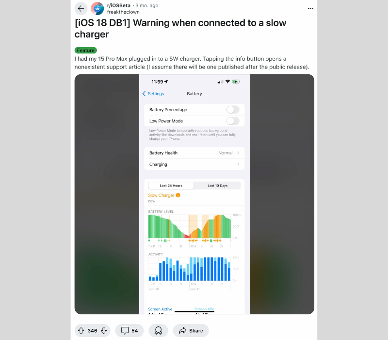 iPhone 15 Pro Max của người dùng hiển thị cảnh báo sạc chậm
