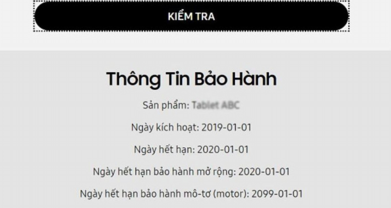 Kết quả thông tin bảo hành thiết bị Samsung