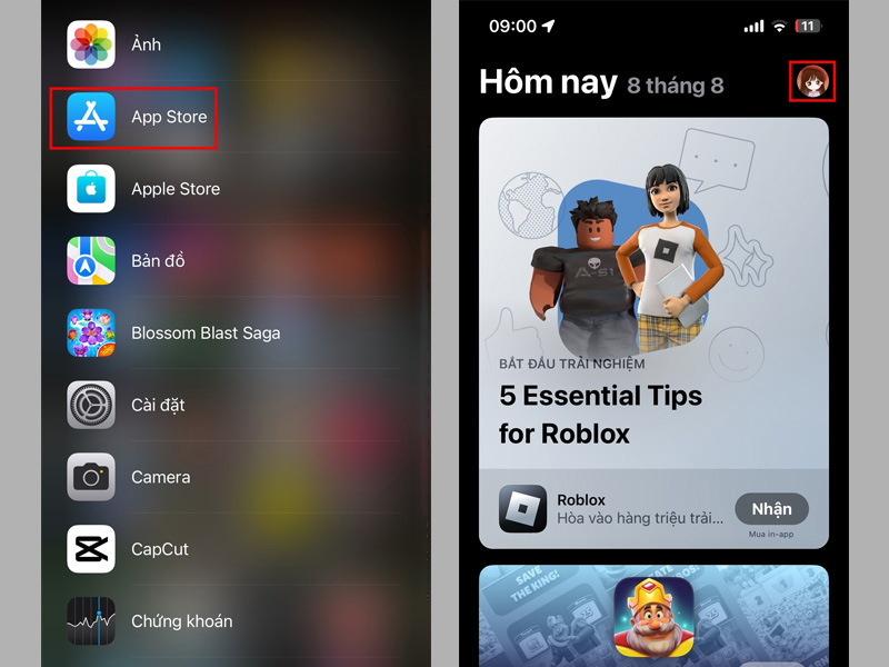 Khởi chạy App Store và nhấn vào biểu tượng avatar