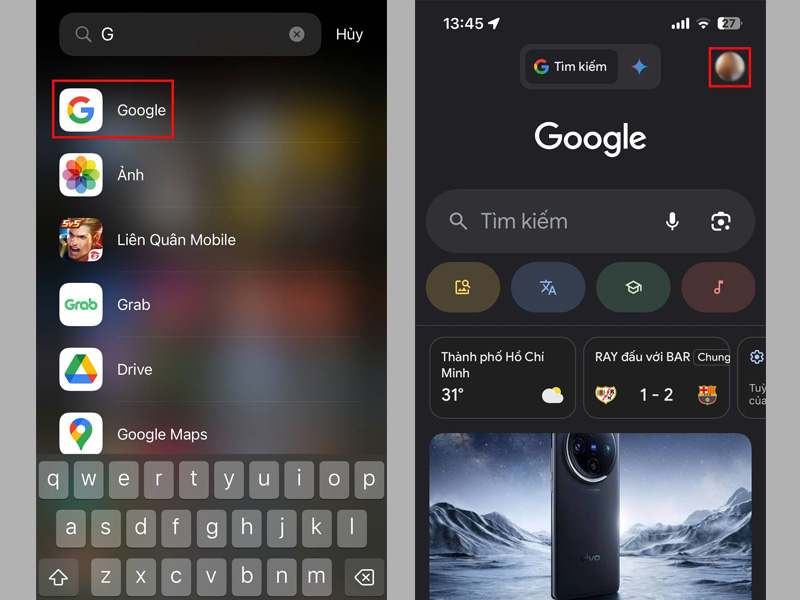 Khởi chạy ứng dụng Google, sau đó nhấn vào biểu tượng hồ sơ