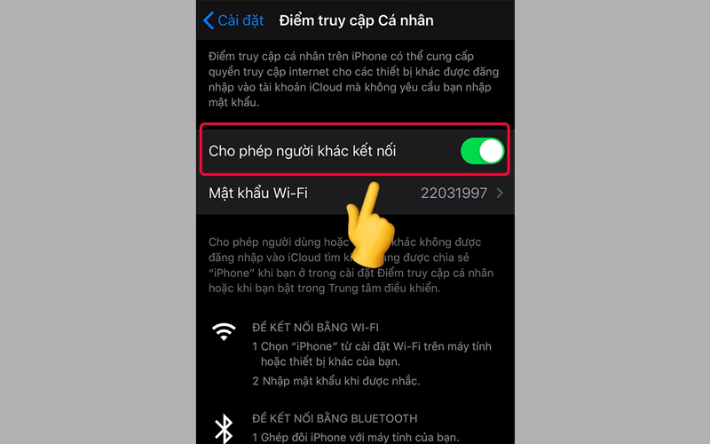 Kích hoạt tùy chọn Cho phép người khác kết nối để chia sẻ Wifi