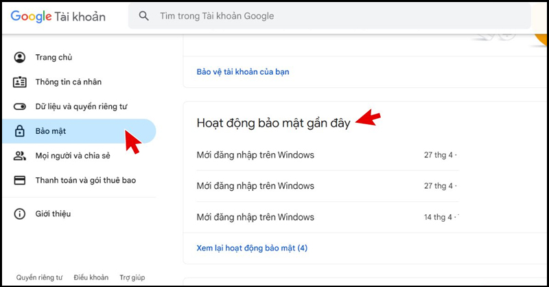 Kiểm tra hoạt động bảo mật của tài khoản Google