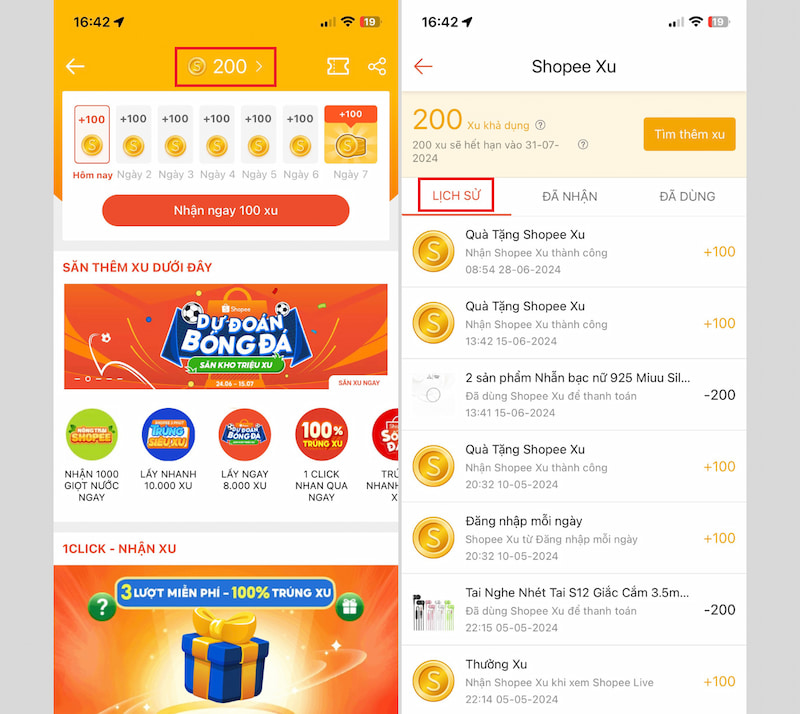 Kiểm tra lại lịch sử Shopee Xu