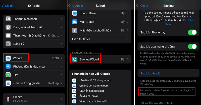 Kiểm tra ngày sao lưu cuối của iCloud