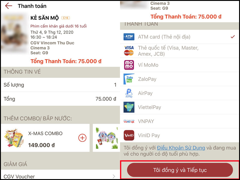 Kiểm tra thông tin vé xem phim và chọn hình thức thanh toán