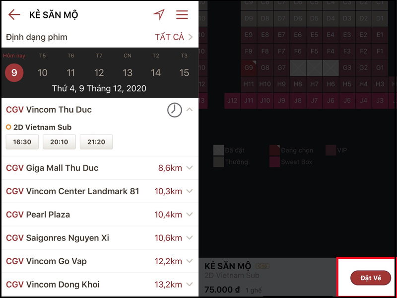 Lựa chọn rạp phim, chỗ ngồi và nhấn Đặt vé