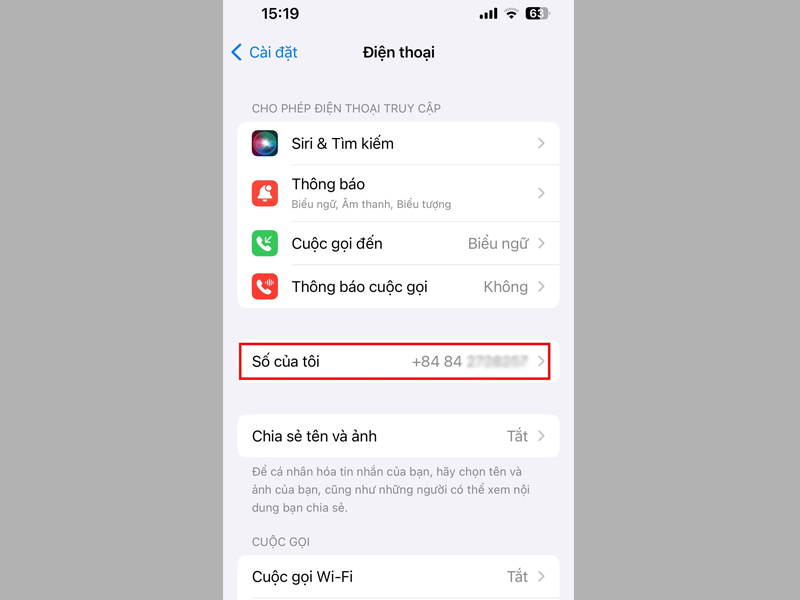 Lướt xuống tùy chọn Số của tôi để xem số điện thoại