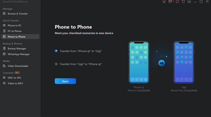 Chọn chế độ Phone to Phone trong Easeus MobiMover