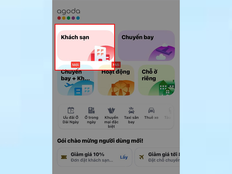 Mở ứng dụng Agoda và chọn Khách sạn tại giao diện trang chủ
