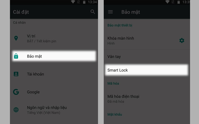 Mở ứng dụng Cài đặt, chọn Bảo mật và Smart Lock