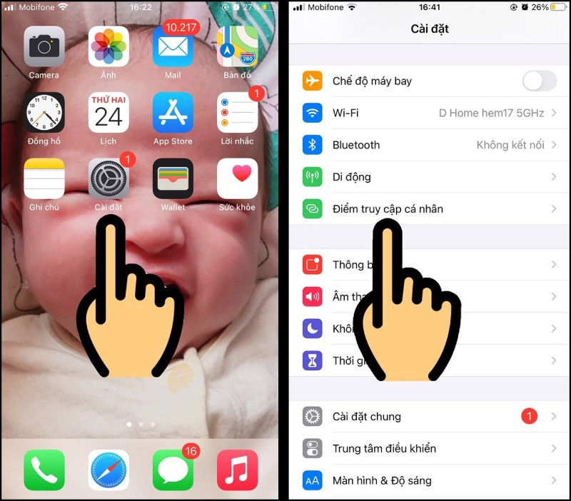 Mở ứng dụng Cài đặt trên iPhone và chọn Điểm truy cập cá nhân