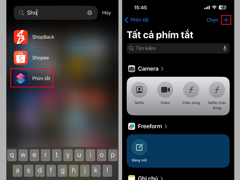 Mở ứng dụng Phím tắt trên iPhone, sau đó nhấn vào biểu tượng dấu +