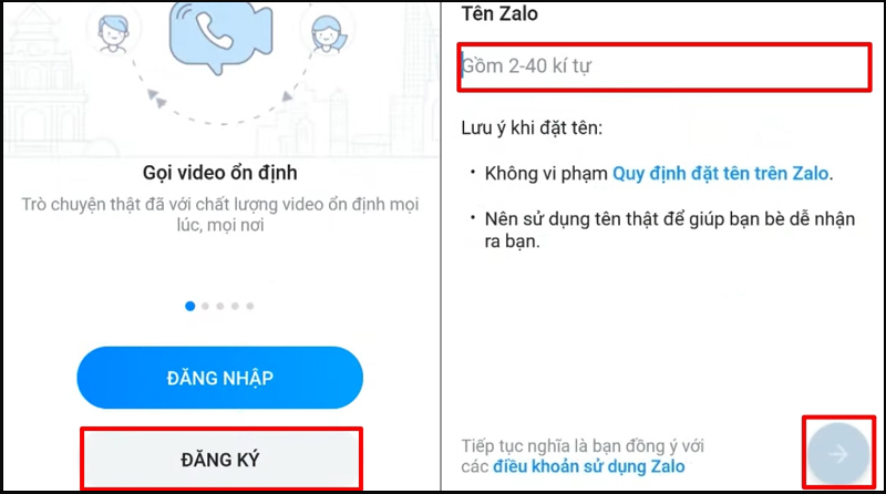 Nhập tên Zalo muốn tạo và nhấn vào mũi tên ngang