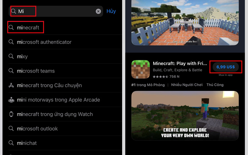 Minecraft trên iOS là một trò chơi trả phí trên App Store