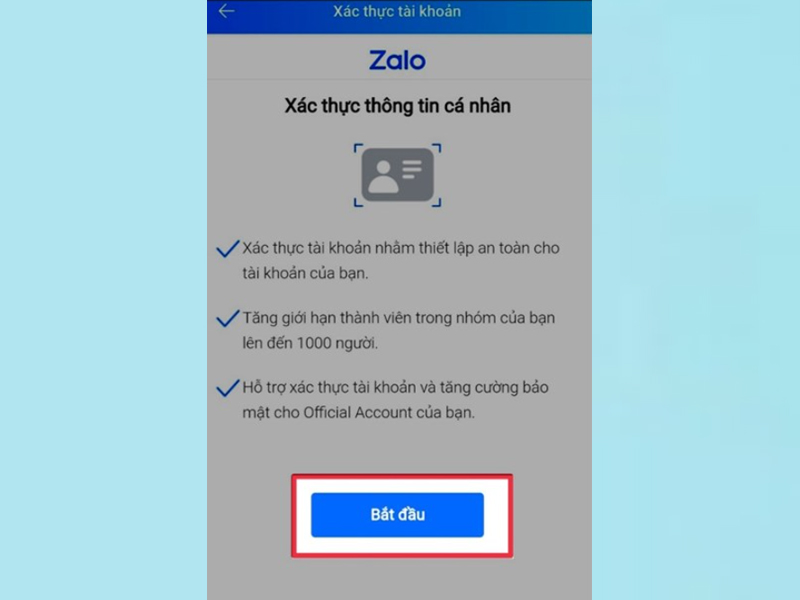 Người dùng chọn Xác thực tài khoản và nhấn vào mục Bắt đầu