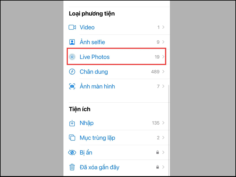 Người dùng nhấn chọn Live Photos tại giao diện Album