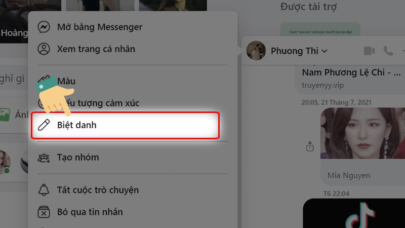 Người dùng nhấn vào tùy chọn Biệt danh