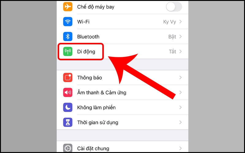 Người dùng nhấn vào tùy chọn Di động tại giao diện Cài đặt