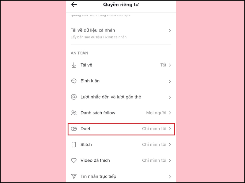 Người dùng nhấn vào tùy chọn Duet tại giao diện Quyền riêng tư