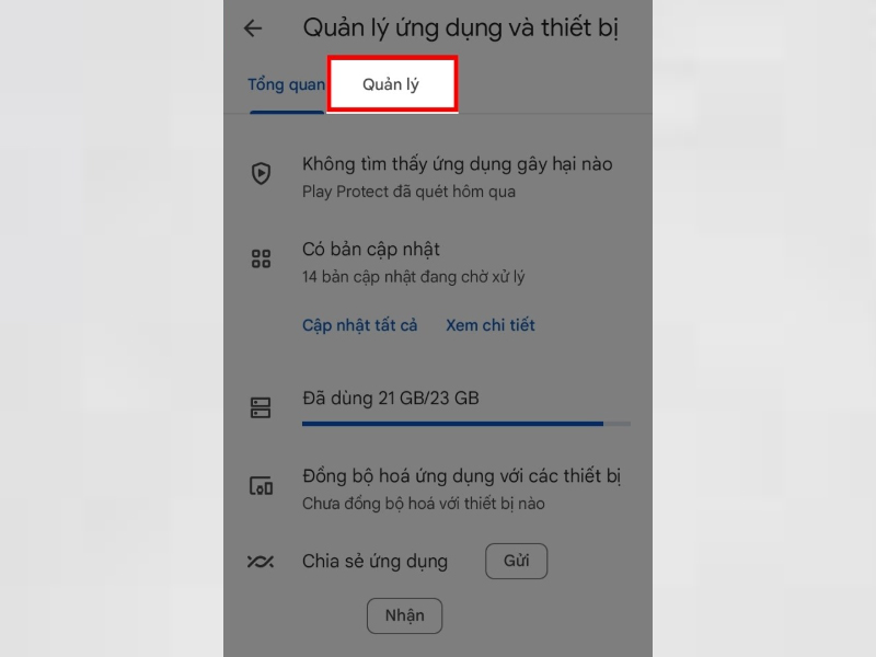 Người dùng nhấn vào tùy chọn Quản lý