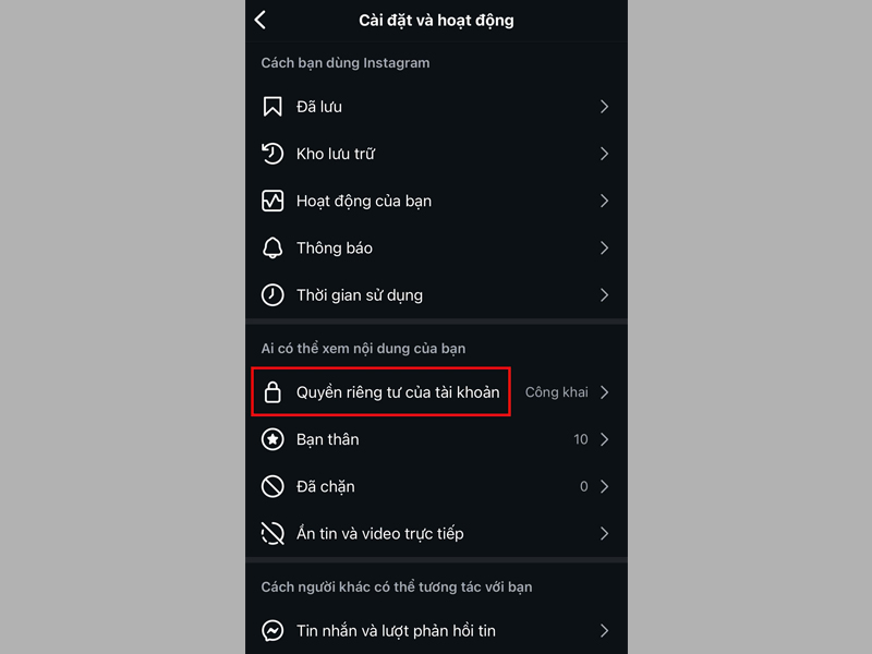 Người dùng nhấn vào tùy chọn Quyền riêng tư của tài khoản