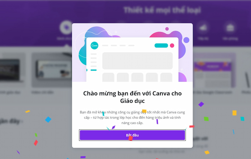 Nhấn Bắt đầu để sử dụng Canva Education