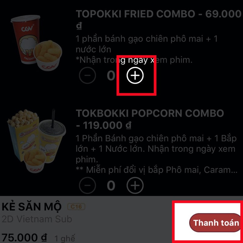 Nhấn chọn thêm combo đồ ăn uống và nhấn thanh toán