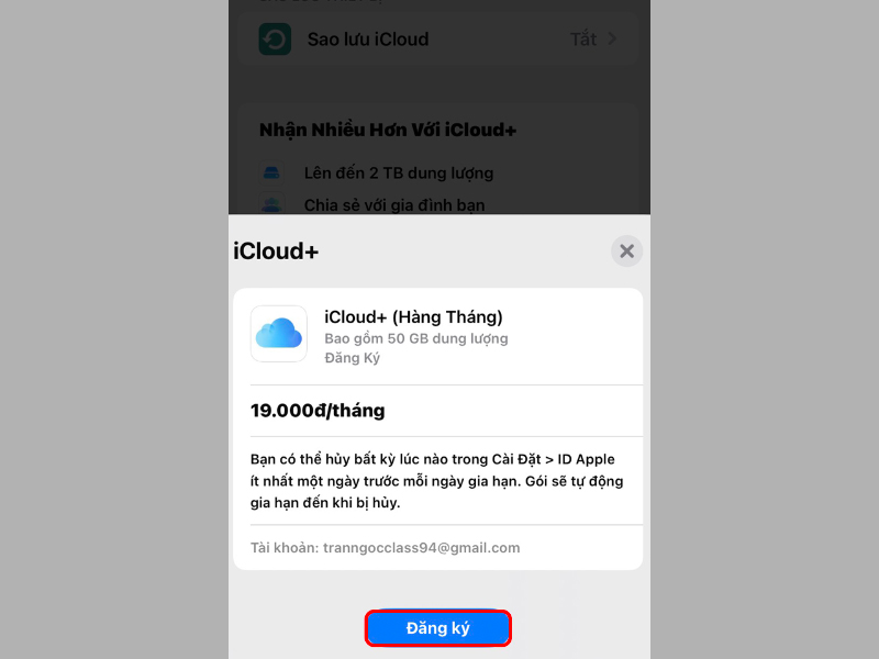 Nhấn Đăng ký để xác nhận mua gói iCloud đã chọn