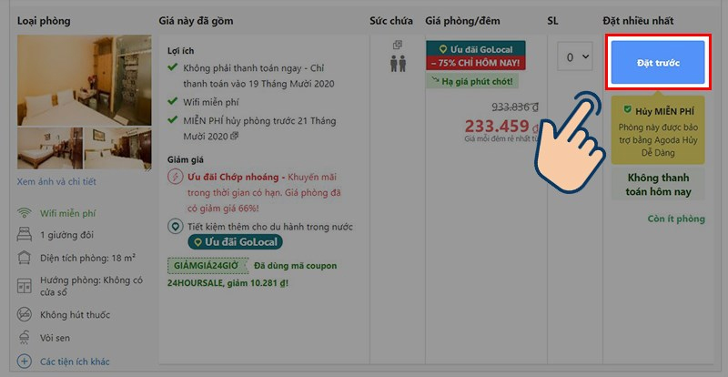 Nhấn Đặt trước để giữ chỗ Khách sạn