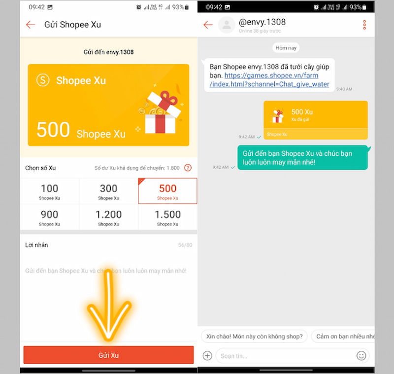 Nhấn Gửi Xu để chuyển xu Shopee