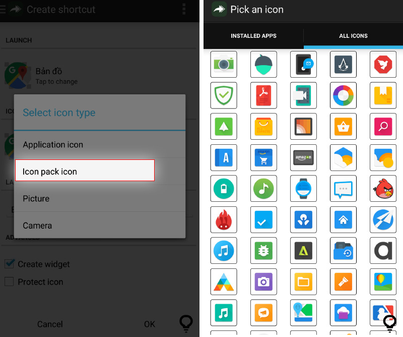 Nhấn Icon pack icon và chọn icon muốn đổi