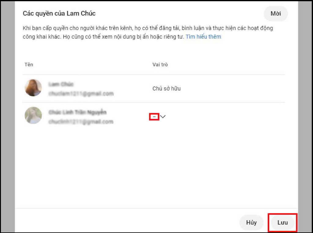 Nhấn Lưu để hoàn tất xóa quyền truy cập kênh YouTube