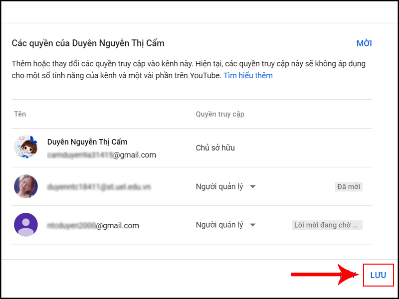 Nhấp Lưu để xác nhận cấp quyền truy cập kênh YouTube
