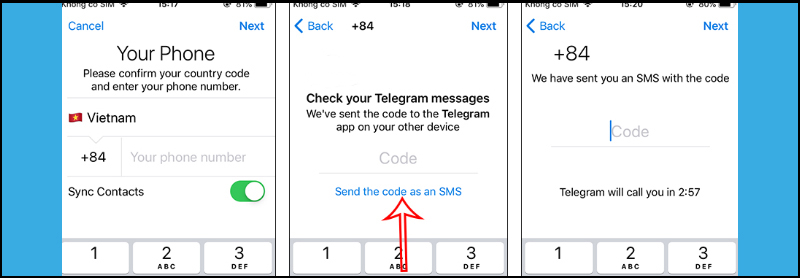 Nhập mã xác minh vào giao diện Telegram