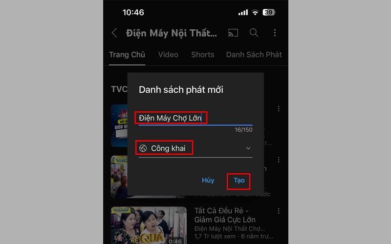 Nhấn nút Tạo để lưu danh sách phát YouTube đã thiết lập