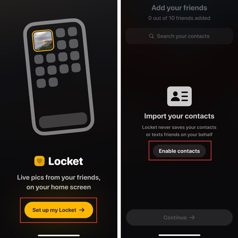 Mở Locket Widget sau đó chọn Set up my Locket và chọn Enable Contacts