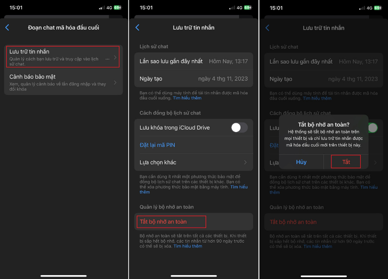 Nhấn Tắt bộ nhớ an toàn trên Messenger