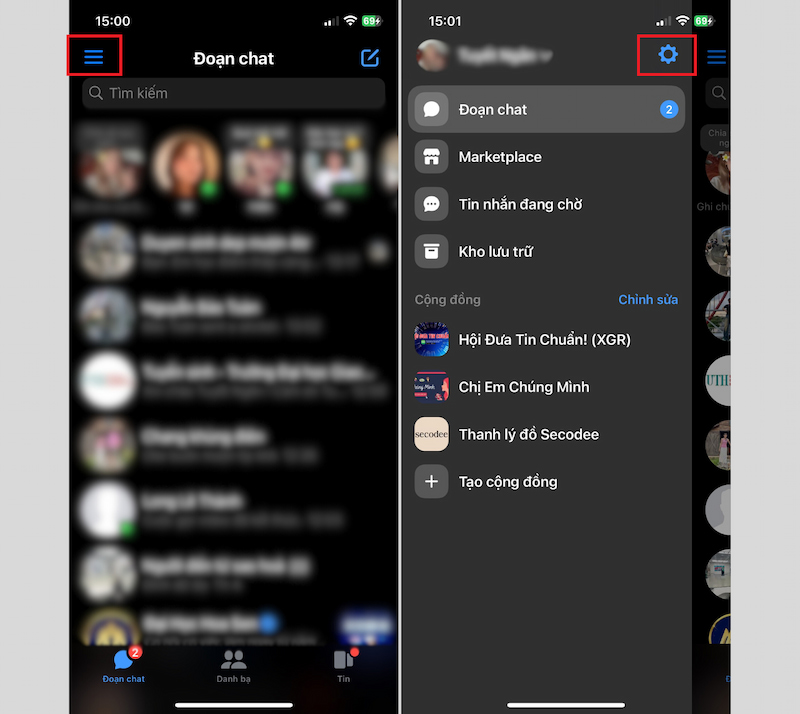 Nhấn vào biểu tượng Cài đặt trong Messenger