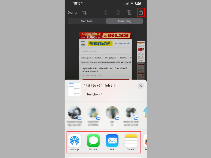 Nhấn vào biểu tượng chia sẻ để chia sẻ ảnh màn hình