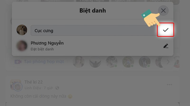 Nhấn vào biểu tượng dấu tick để lưu lại biệt hiệu Messenger