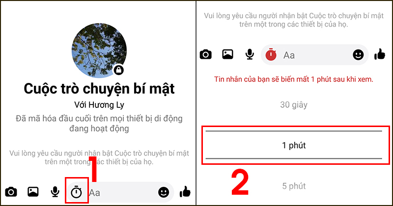Nhấn vào biểu tượng đồng hồ và chọn thời gian muốn tin nhắn biến mất