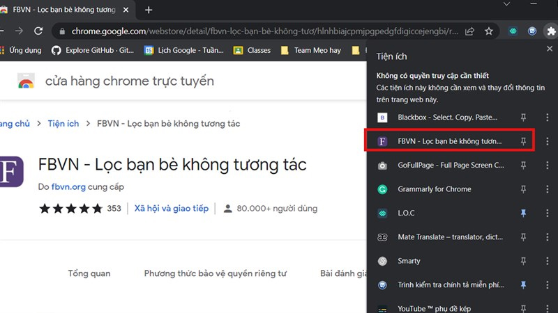 Nhấn vào biểu tượng tiện ích và chọn FBVN 