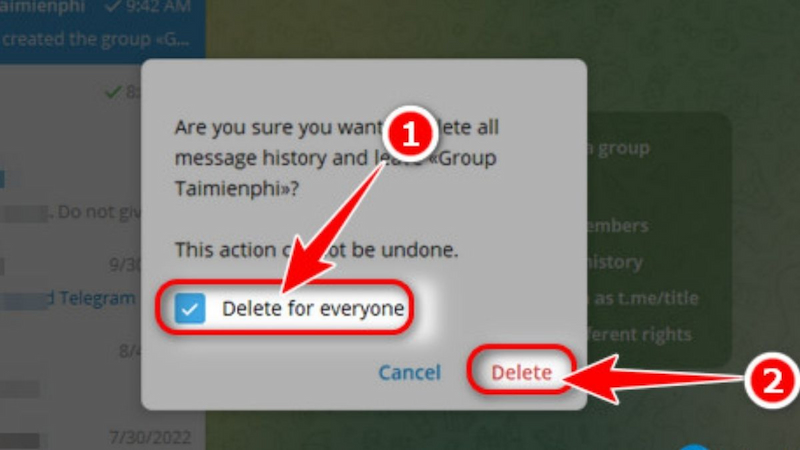 Nhấn vào Delete để xác nhận rời nhóm Telegram